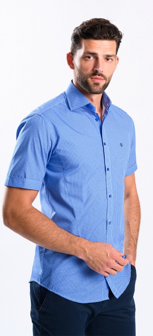 Modrá vzorovaná Extra Slim Fit košeľa s krátkym rukávom