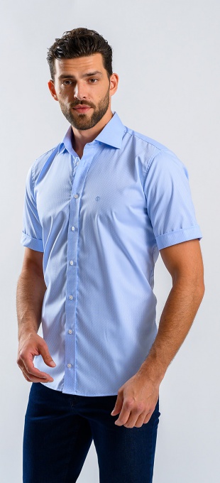 Bledomodrá Slim Fit košeľa s krátkym rukávom a jemným vzorom