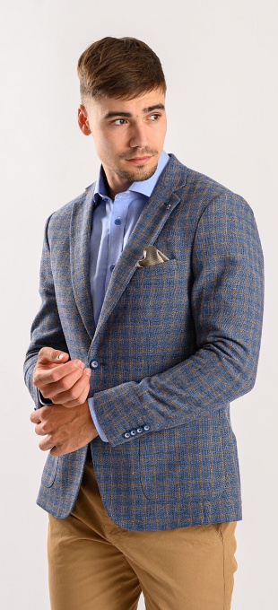 Blue linen blazer with brown checkered pattern - XL size