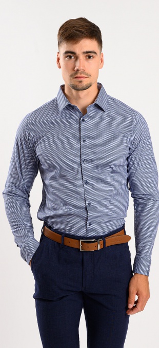 Blue stretch Extra Slim Fit non-iron shirt with pink pattern