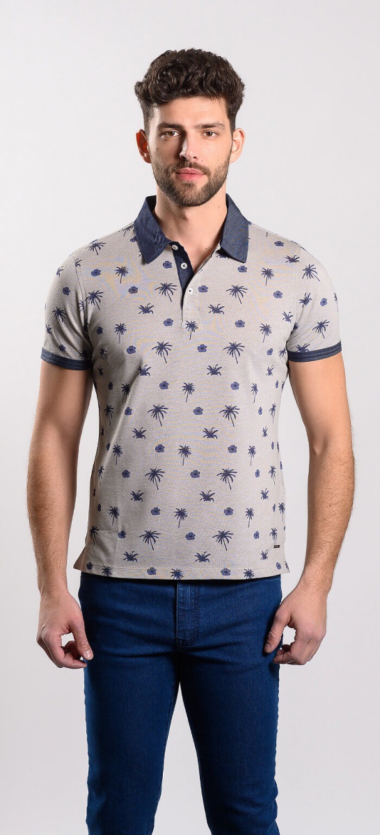 Grey polo with a tropical pattern