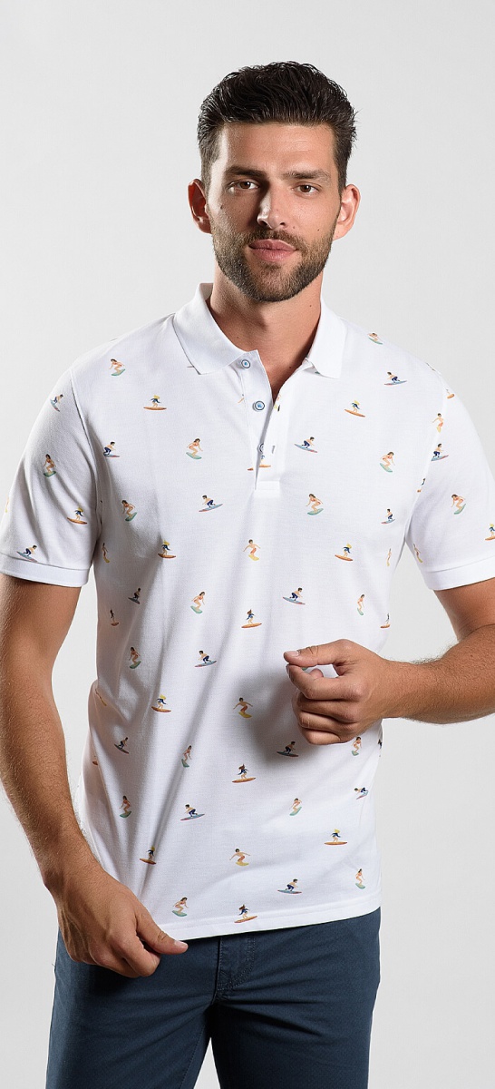 White polo with a bold pattern