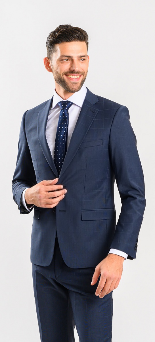 Tmavomodrý károvaný Slim Fit oblek