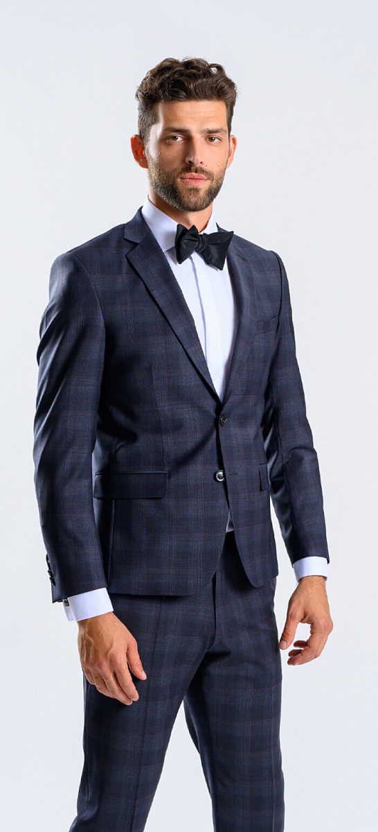 Blue Slim fit suit with burgundy check plaid XL sizes