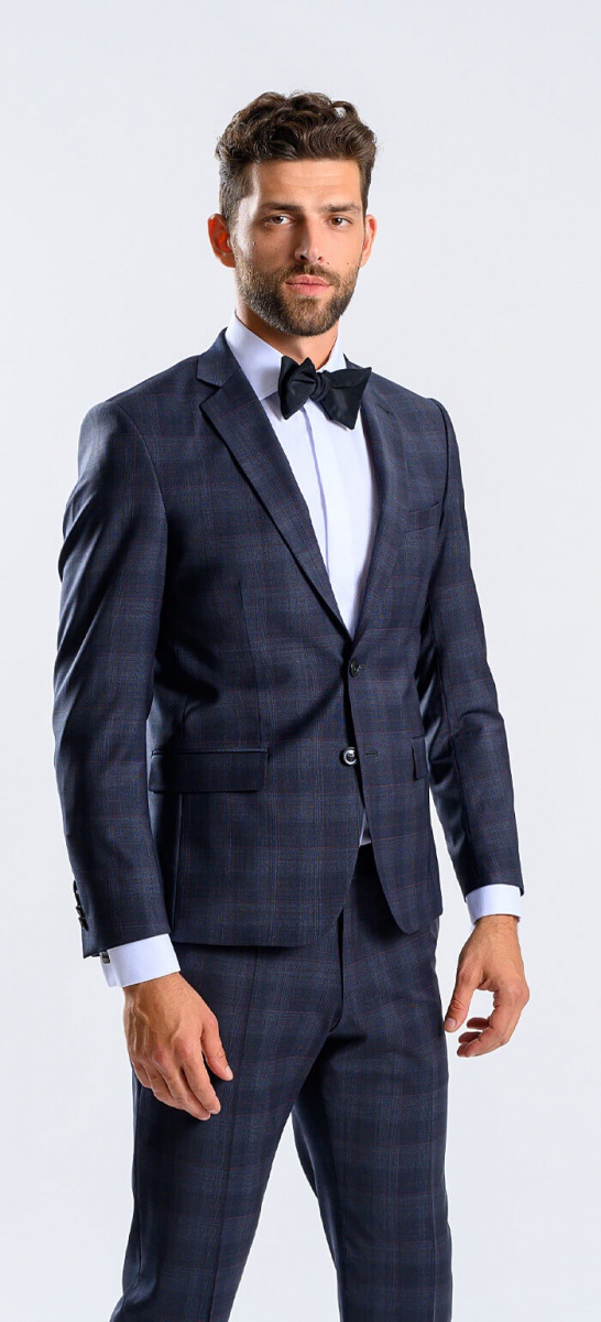 Grey Slim fit suit with burgundy check plaid XL sizes