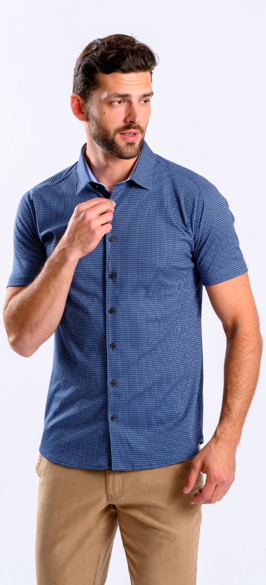 Dark blue patterned Extra Slim Fit stretch short sleeved shirt